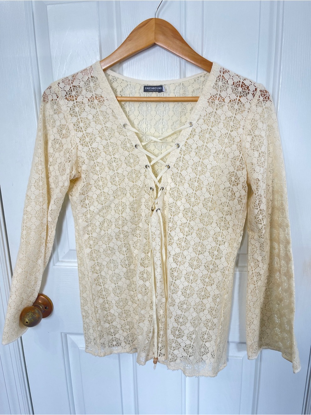 VTG Y2K Earthbound Trading Sheer Lace Front Small Cream Floral Fairy Boho